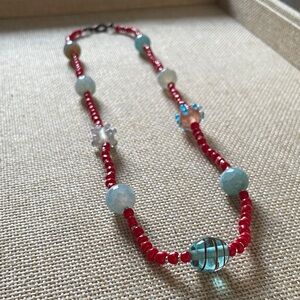 Elegant Red and Blue Beaded Necklace